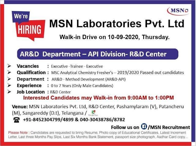 MSN Laboratories | Walk-in drive for Freshers and Experienced in AR &D on 10 Sept 2020