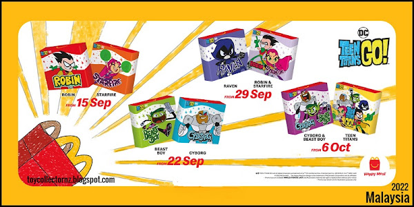 Teen Titans Go McDonalds Toys 2022 Happy Meal Toy Malaysia promotion in September and October including Robin and Starfire, Beast Boy and Cyborg, Raven and Robin and Starfire, Cyborg and Beast Boy, Teen Titans packs