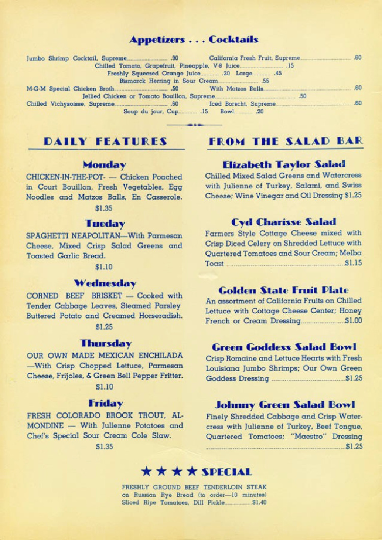 A Vintage Nerd, Old Hollywood Studio Commissary Menus, Vintage Menus, Old Hollywood Blog