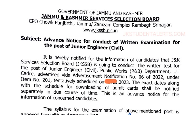 JKSSB Junior Engineer (Civil) Written Exam 2023: Important Notice