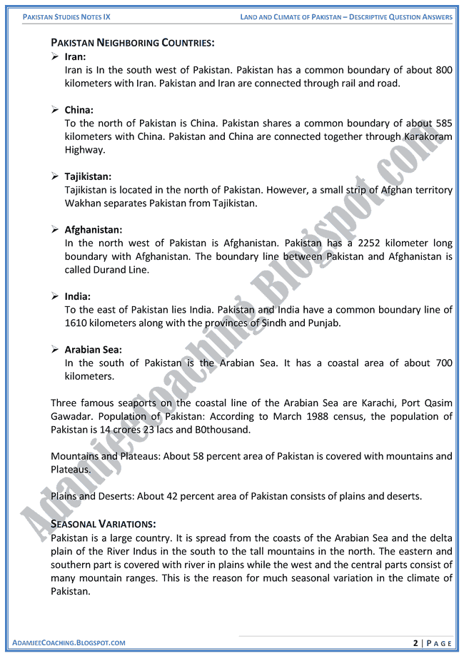 land-and-climate-of-pakistan-descriptive-question-answers-pakistan-studies-ix