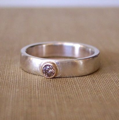 Recycled Sterling Silver band chocolate diamond in 14K yellow gold setting