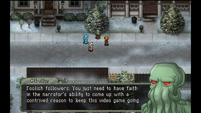 Screenshot of Cthulhu breaking the fourth wall in Cthulhu Saves Christmas