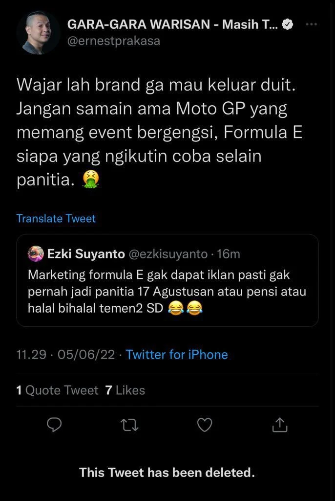 Sotoy Sih! Komika Ernest Prakasa Ejek Formula E, Kemudian Hapus Status di Twitter