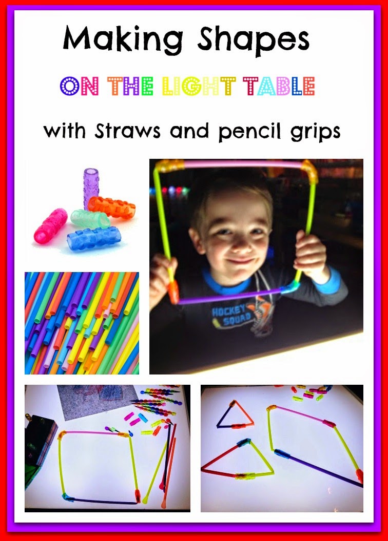 straws and pencil grips on the light table