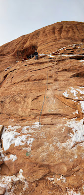 View of Rope and Steps in Rock Along Trail to Corona Arch