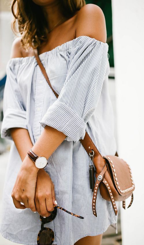 trendy summer outfit / stripped shirt dress and brown bag