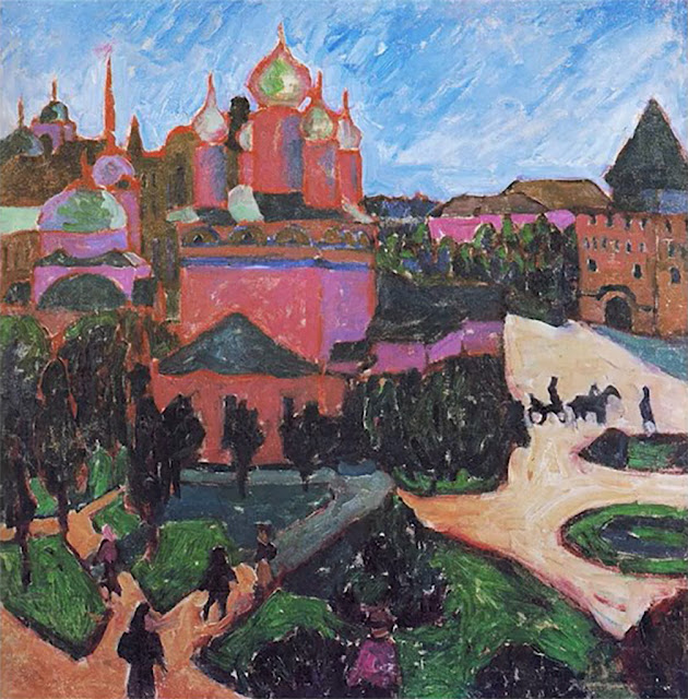 Абстрактная картина с церковью, кремлем и людьми