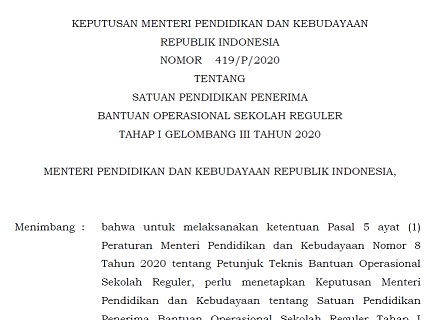 Apakah Sekolah Anda Merupakan Penerima BOS Reguler Tahap I Gelombang III Tahun 2020 | Kepmen Nomor 419/P/2020