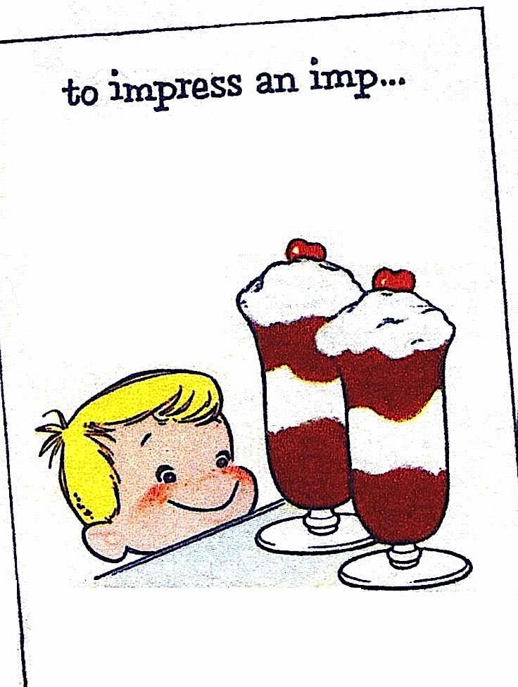 a Bob Jones color illustration of a boy smiling at dessert, "to impress an imp..."