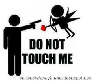 Man points gun at cupid with arrow - DO NOT TOUCH ME!!!