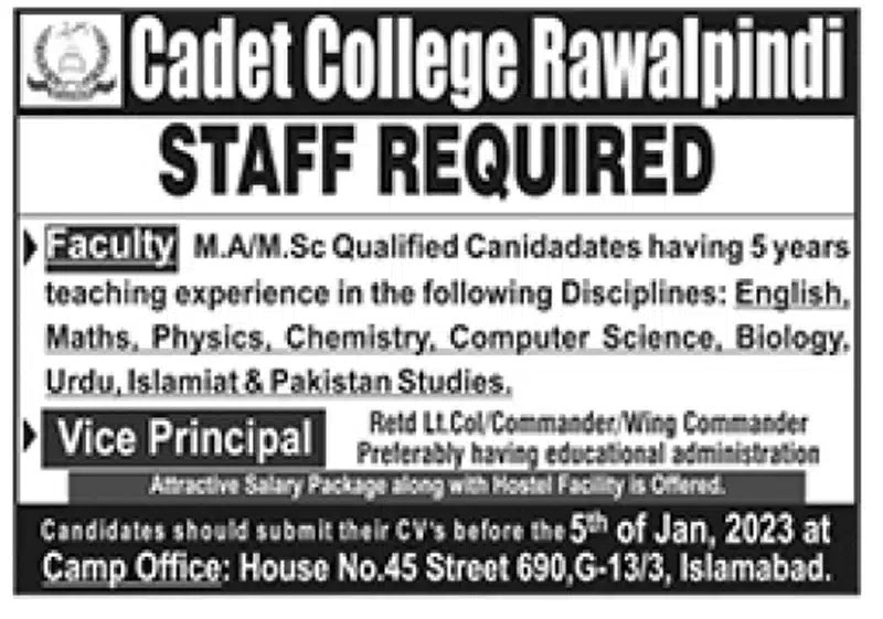 Teaching Jobs in Rawalpindi at Cadet College