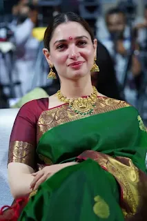 Tamannaah Bhatia in a dark green Kanchipuram saree with maroon border at Odela 2 pre-release event