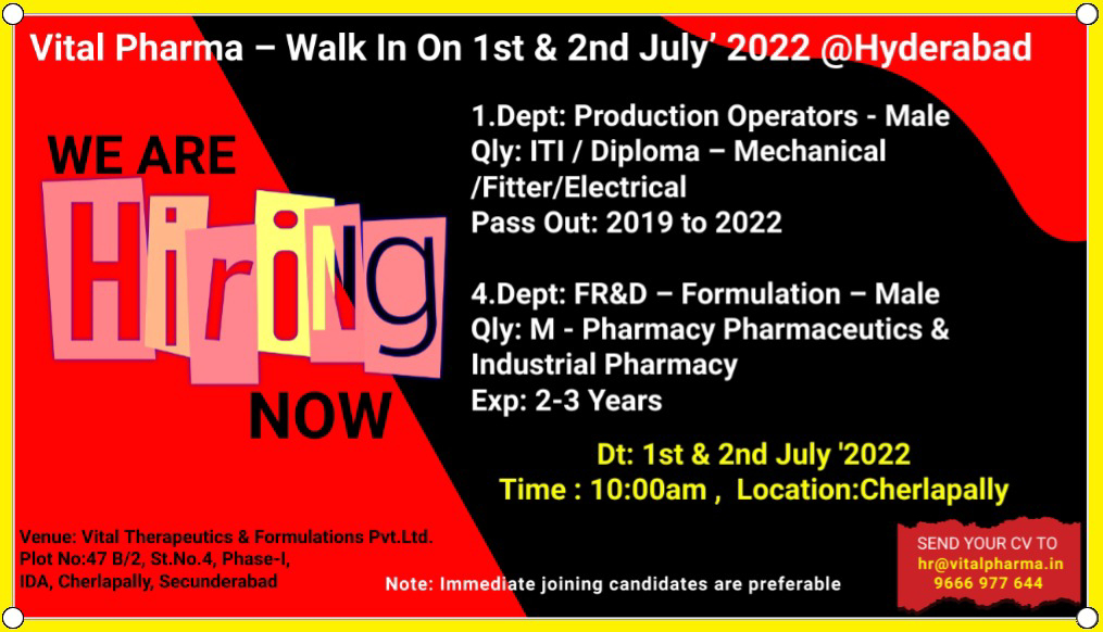 Job Available's for Vital Therapeutics & Formulations Pvt Ltd Walk-In Interview for ITI/ Diploma/ Mechanical/ Fitter/ Electrical/ M Pharm