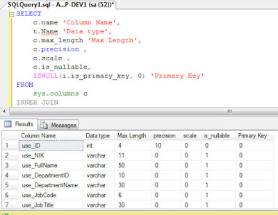 Menampilkan List colum, Tipe data dan Primary  Key pada tabel di SQL SERVER