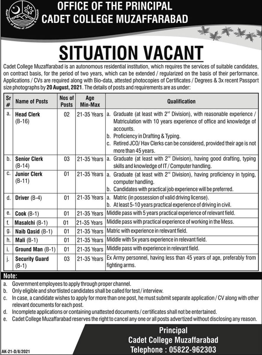 Cadet College Muzaffarabad Jobs- Jobspk14.com