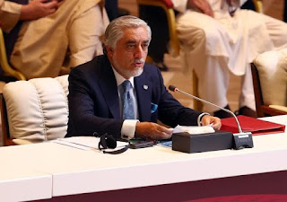 Chairman of the High Council for National Reconciliation Abdullah Abdullah arrives for an intra-Afghan talks in Doha, Qatar on Saturday. Ibraheem al Omari/ Reuters