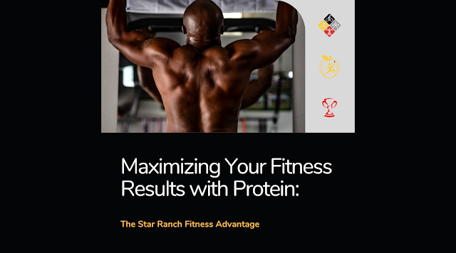 The image is a promotional graphic that reads "Maximizing Your Fitness Results with Protein: The Star Ranch Fitness Advantage". The background features a muscular person from behind, executing a lat spread pose to showcase their muscular back, emphasizing fitness results that could be associated with protein supplementation. The upper right corner has small icons that seem to represent various aspects of fitness and health: cycling, running, a flaming heart (possibly representing passion or energy), and a trophy (symbolizing achievement or competition). The color scheme is dark, with the text in white for contrast, and the icons are in a lighter shade, making them subtly noticeable.