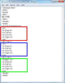 HTML lists in English, HTML ul tag in English, HTML ol tag in English,   type attribute of ol tag