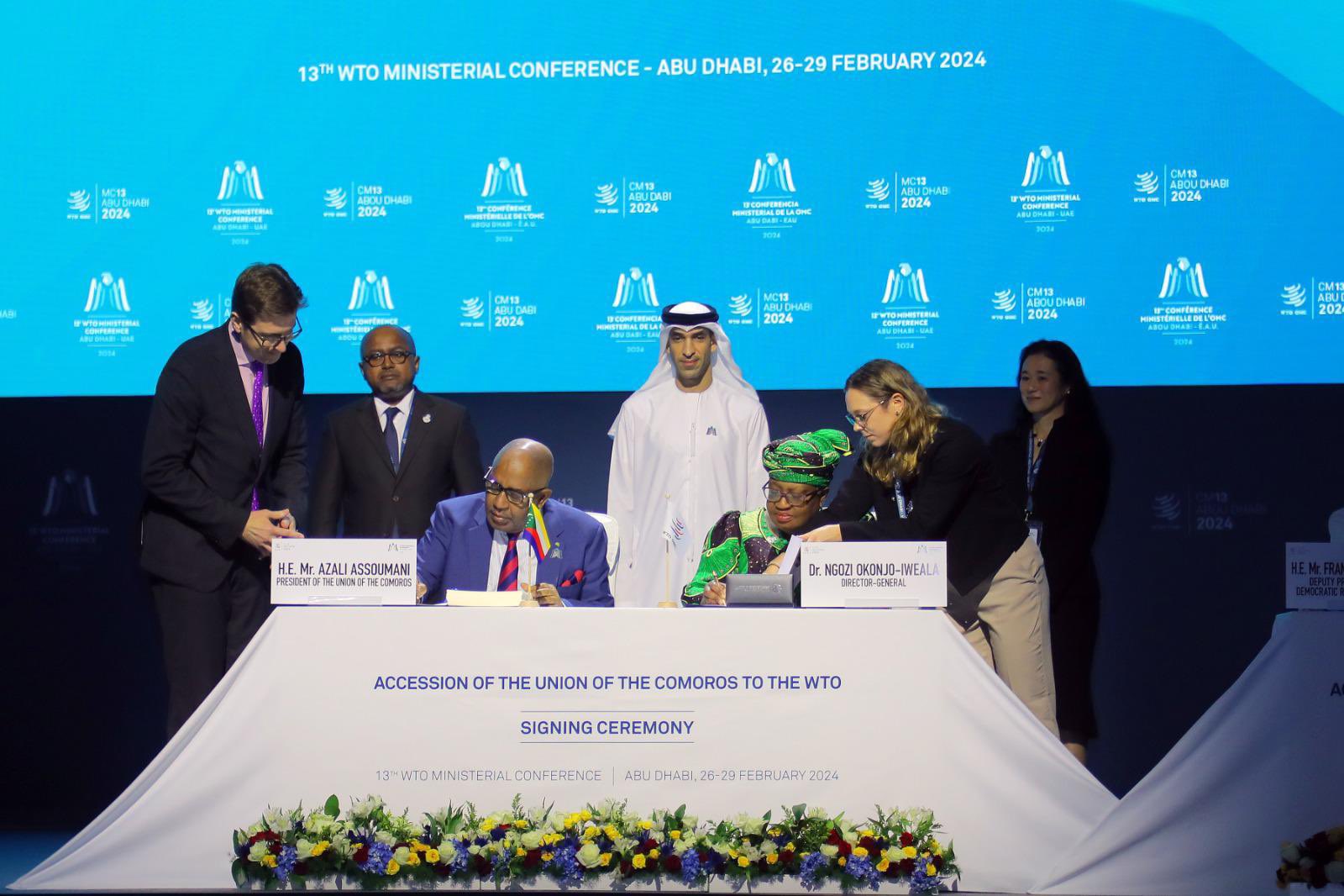 Ngozi Okonjo-Iweala, Director-General of the World Trade Organization (WTO) welcomes Comoros into the WTO family in Abu Dhabi, UAE