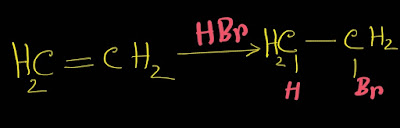 Ethene reacts with HBr and we get 1-bromo ethane.