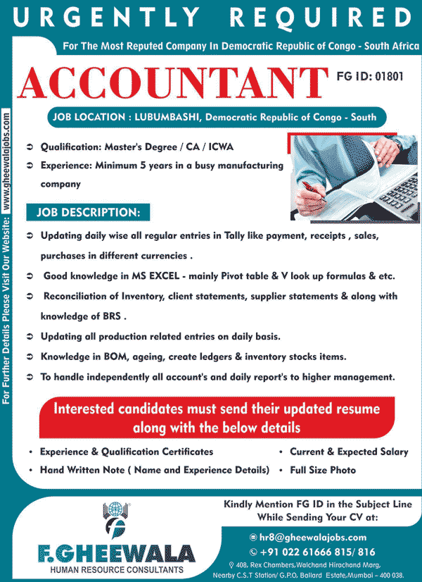 ACCOUNTANT JOBS IN DRC - DEMOCRATIC REPUBLIC OF CONGO | F.GHEEWALA 