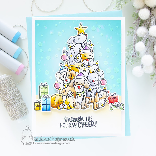 Dog Christmas Card by Tatiana Trafimovich | Dog Christmas Tree Stamp Set and Bubbly Stencil by Newton's Nook Designs