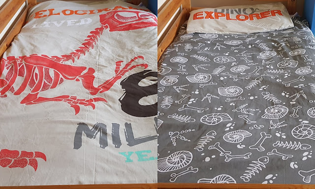 Collage showing both sides of NatGeo Recycled Reversible Bedding with Raptor skeleton and fossils