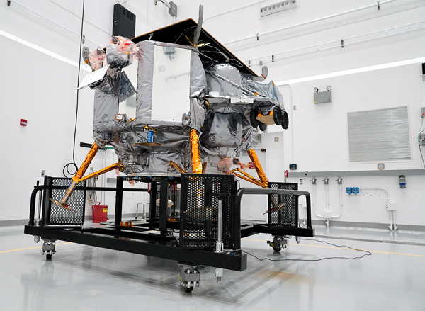 Astrobotic's Peregrine lunar lander sits inside the Astrotech Space Operations facility in Titusville, Florida...on October 31, 2023.