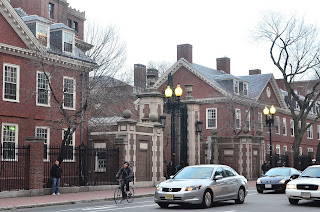 The entrance to Harvard's unique and historic red and white brick campus.