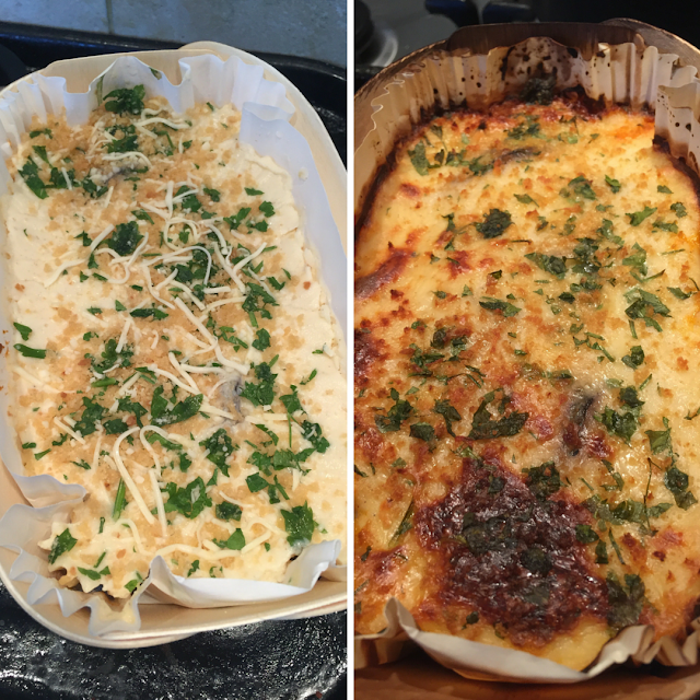 Charlie Bigham's moussaka before and after cooking 