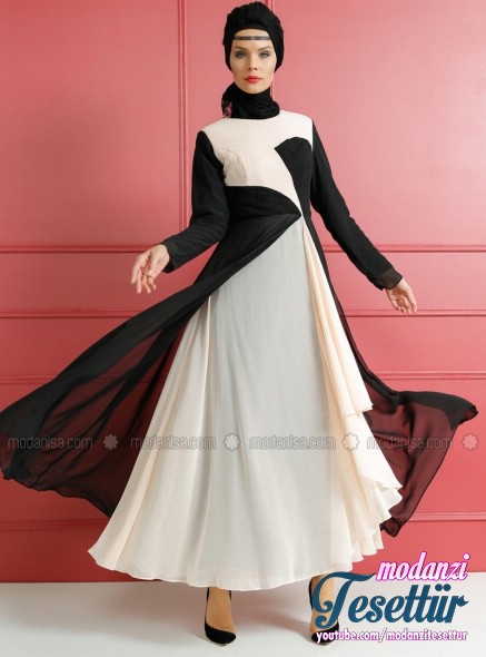 2017 Tesettür Abiye Elbise Modelleri - Modanisa - Drape Detaylı Abiye Elbise - Siyah Pudra - Dersaadet 2017 Tesettür Abiye Elbise Modelleri - Modanisa - Drape Detaylı Abiye Elbise - Siyah Pudra - Dersaadet