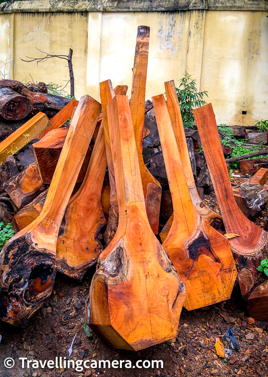 It turns out that one of the most prominent art forms in Thanjavur, apart from the making of Thanjavur dolls, is the making of veenas, a traditional Indian stringed instrument that is popular in Carnatic music. It is a meticulous and intricate process that requires great skill and patience. The process begins with the selection of the wood, which is typically jackfruit wood, although occasionally other types of wood such as teak, sandalwood, or ebony may also be used.  Once the wood is selected, it is carefully cut into the required shapes and sizes for the different parts of the veena. The hollow body of the veena is carved out of a single block of wood and then seasoned to ensure that it is dry and stable. The frets, which are typically made of brass, are then fixed onto the fingerboard, and the tuning pegs are attached to the headstock. The strings, which are made of steel or bronze, are then fixed onto the veena and tuned to the desired pitch. Finally, the veena is polished and decorated with intricate designs and patterns, often using gold leaf or other decorative materials.   Veena making is a time-honored tradition that has been passed down from generation to generation. Today, there are still a number of skilled craftsmen in Thanjavur who continue to make veenas using the same traditional methods that have been used for centuries.  It is fascinating to know all this. Unfortunately the workshop too was closed on the day when we happened to be there. Otherwise, we would probably have been able to spot some craftsmen at work. Anyhow, we got more than what we were expecting anyway, and one must not be greedy. So thanking our good luck, we continued our walk.