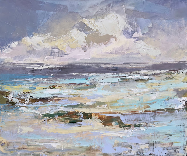Sea Breeze ocean landscape painting by New England artist Karri Allrich. Oil and cold wax on canvas.