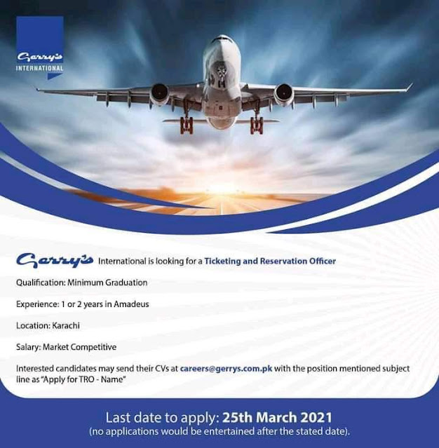 Latest jobs in Air line international flights 2021    Garry's international is looking for a tinting & reservation officer for its Karachi branch offices  Post details:    Posted date.     :     21 march 2021  Last date.          :     25 march 2021  Location.           :      Karachi  Organization.    : Garry's international  Post title.           :     Air ticket    Qualifications requirements:    Graduate and have at least 1 years experience    Smart salary will be given    How to apply :  Interested candidates may apply to given email address send your latest CV at the given email address :   careers@gerrys.com.pk    Download this advertised click below:  Latest jobs in Air line international flights 2021 Latest jobs in Air line international flights 2021