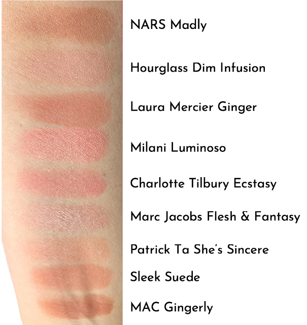 Review Erfahrung Swatch NARS Madly Hourglass Dim Infusion Laura Mercier Ginger Milani Luminoso Charlotte Tilbury Ecstasy Marc Jacobs Flesh & Fantasy Patrick Ta She’s Sincere Sleek Suede MAC Gingerly