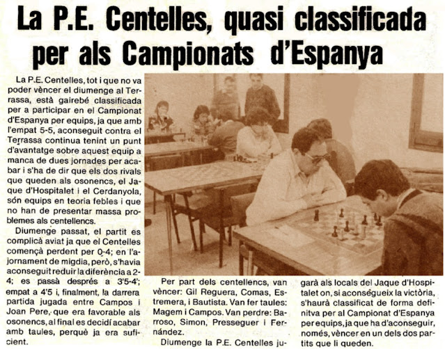 La Penya d’Escacs Centelles, casi clasificada para el Campeonato de España de Ajedrez 1986