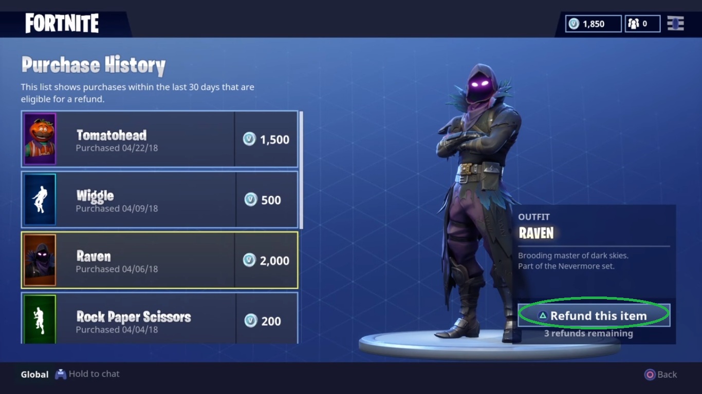 next select the item you want to refund and select the refund this item option in my case i chose to refund the raven skin for 2000 v bucks - fortnite v bucks 200