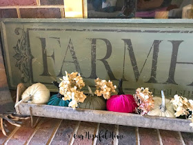 vintage chicken feeder plush pumpkins dried hydrangeas farmhouse sign
