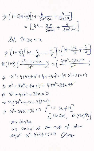 If 0<α<π/2 and sinα+cosα+tanα+cotα+secα+cosecα=7, then prove that sin2α is a root of the equation x^2  −44x+36=0