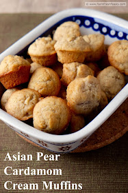 Cardamom-spiced Asian pear chunks fill this rich-with-cream whole wheat muffin recipe.