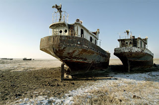 Abandoned and land-locked ships where the Aral Sea once was