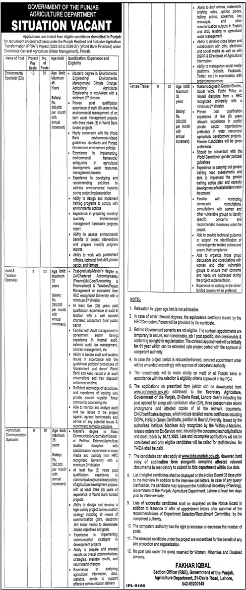 Agriculture Department Lahore Latest Jobs 2023 Apply online