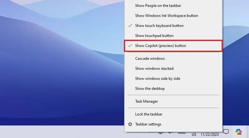 show copilot button taskbar windows 10