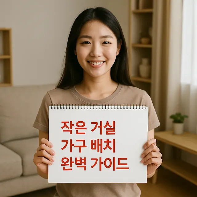 작은 거실 가구 배치 완벽 가이드 문구 들고 있는 미소 짓는 20대 한국 여성