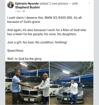 Photos: Wealthy Malawi pastor, Prophet Shepherd Bushiri surprises two members of his media team with brand new BMW X3