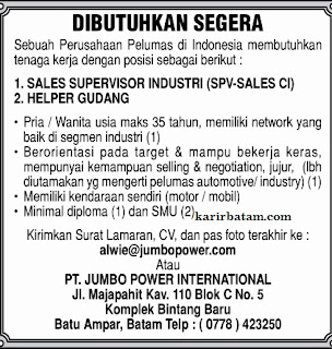 Lowongan Kerja PT. Jumbo Power International