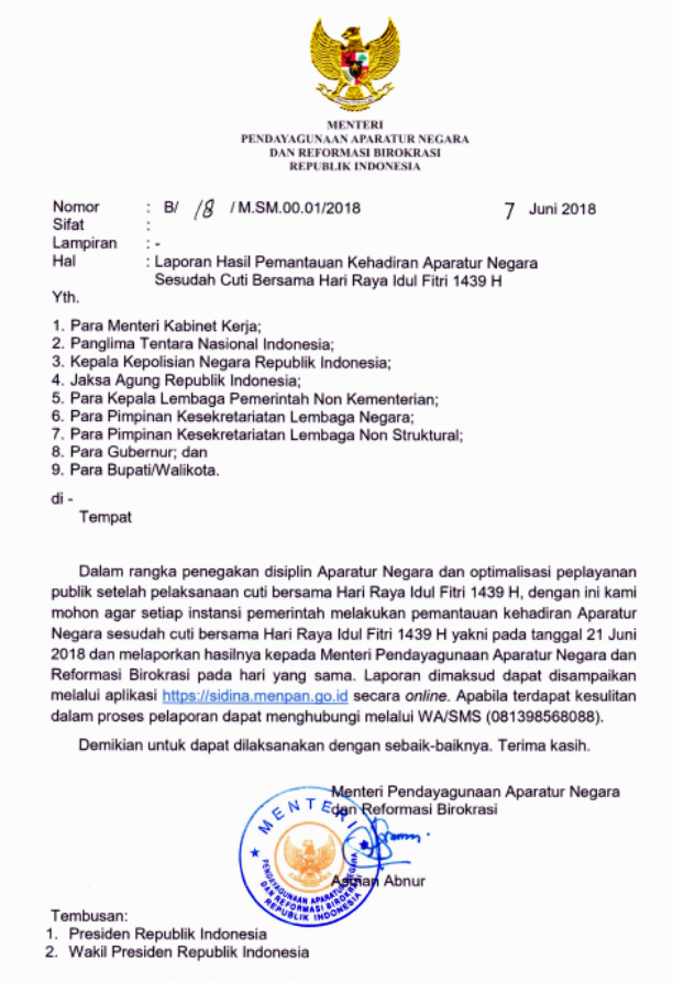 Surat Edaran Menpan tentang Permintaan Laporan Hasil Pemantauan Kehadiran PNS setalah Cuti Bersama Idul Fitri 2018