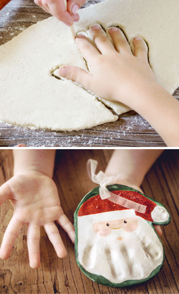 Make hand print ornaments for Christmas using this easy salt dough recipe.  Santa hands make a great keepsake! #saltdoughkeepsakes #saltdoughkidscrafts #saltdoughhandprints #saltdoughsantahandprint #handprintcrafts #saltdoughrecipe #saltdoughornaments #ornamentclayrecipe #ornamentclay #christmascrafts #growingajeweledrose #activitiesforkids