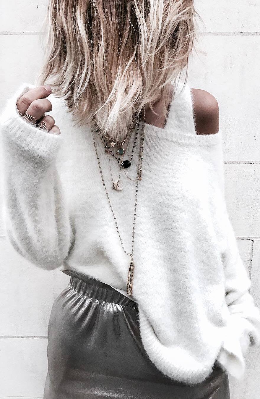 outfit idea: knit + silver skirt